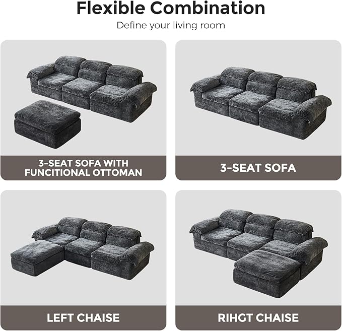 115.7 L Shaped Modular Sectional Sofa with Ottoman Cloud Boneless Couch Upholstered Sofa in a Box Flexible Module Combination for Living Room No Assembly Grey