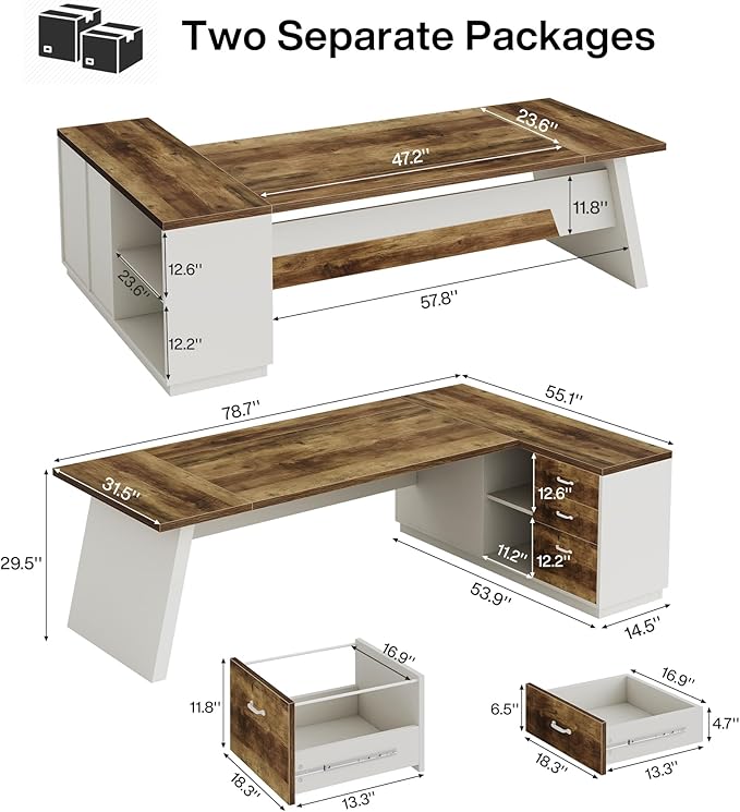 Tribesigns L-Shaped Executive Desk 78-Inch Modern Office Desk with Drawers and Lateral File Cabinet Large Bussiness Furniture with Storage Shelves Workstation for Home Office (Brown + White)