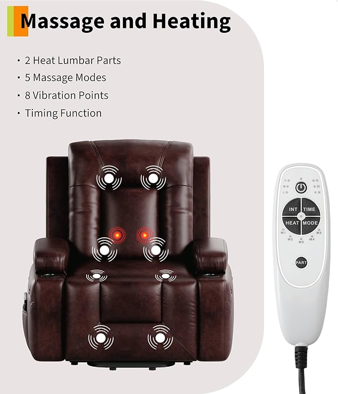 GarveeHome Power Lift Recliner Chair - Heat and Massage PU Leather Electric Lift Recliner for Elderly &amp Mobility Impaired Adjustable Back and Legs Heavy Duty Lift Chair for Seniors