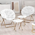 Comfy Saucer Chair Set of 2 with Footrest Metal Frame Cozy Lounge Lazy Chair Folding Faux Fur Round Saucer Chair for Adults Foldable Papasan Moon Chair for Living Room Dorm Bedroom