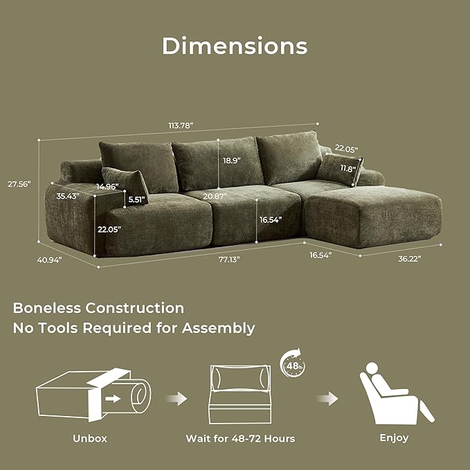 WELAX 114 Sectional Couches for Living Room Boneless Couch L-Shape with Pillows &amp Ottoman Modular Chenille Cloud Sofa 4 Seater Home Comfy Sofas for Apartment Green