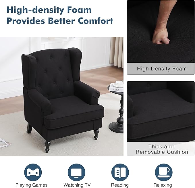 Accent Chair Set of 2 Mid Century Modern Fabric Wingback Chair Upholstered Armchair with High Back and Vintage Legs Comfy Single Sofa Side Reading Chair for Living Room Bedroom Black