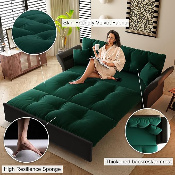 74.8 Queen Size Pull Out Sofa Bed 3-in-1 Convertible Sleeper with 2 Pillows Tufted Velvet Loveseat for Living Room Apartment Bedroom Small Spaces Green | 3-in-1 Convertible Pull Out Sofa Bed V