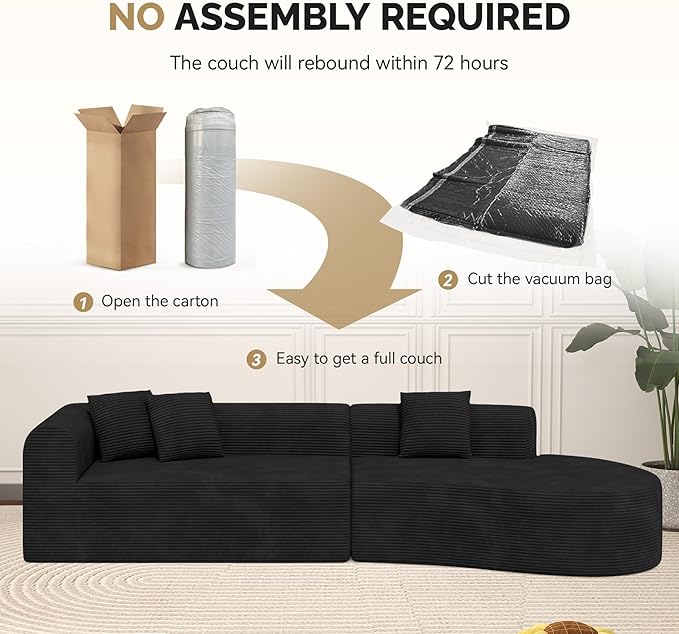 128 Oversized Modern Curved SofaBoneless Cloud Sectional Couch with Deep SeatNo Assembly Required Corduroy Couches for Living RoomBlack1 PCS