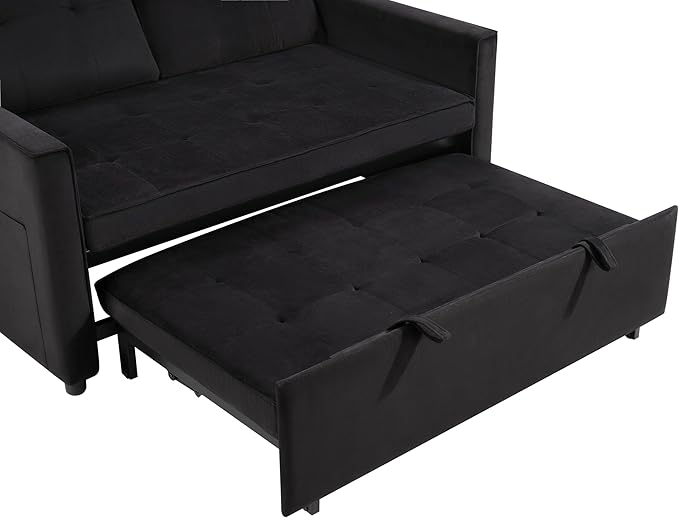 Sofa Bed Pull Out Couch with Side Pockets 3 in 1 Velvet Fabric Loveseat Sleeper Sofa Bed Pull Out Couch with Adjustable Backrest for Living Room Bedroom Apartment Black 53 Inch