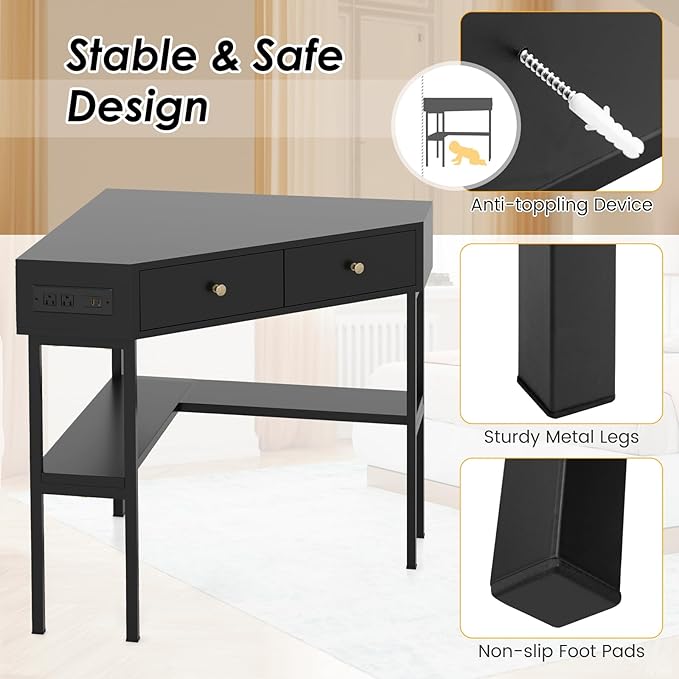 Giantex Corner Desk with Charging Station 90 Degree Triangle Computer Desk with 2 Drawers &amp Storage Shelf L-Shaped Writing Desk Makeup Vanity Table Compact Corner Desk for Small Spaces (Black)