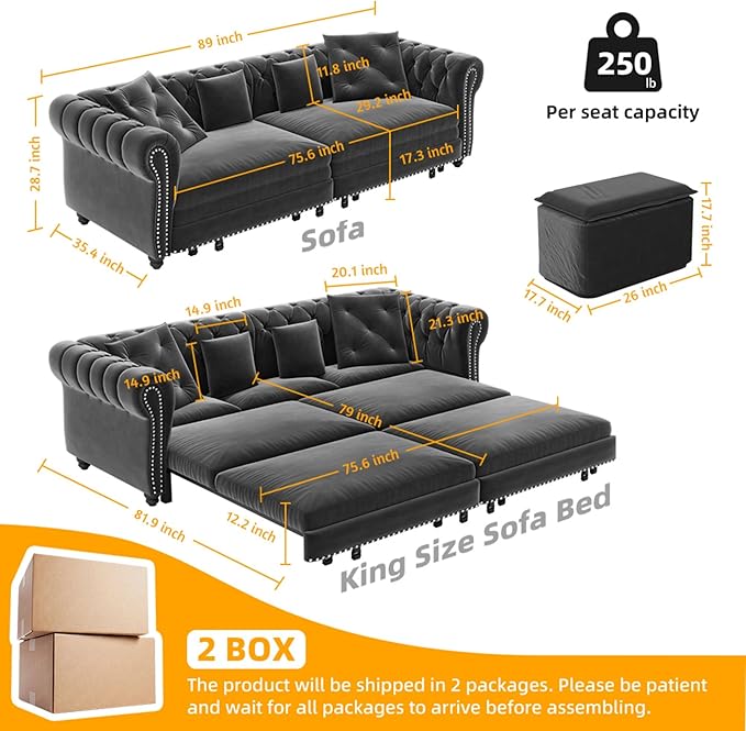 3-in-1 Pull Out Sofa Bed - 89 King Size Convertible Sleeper Sofa Large Velvet 3-Seater Sofa with Movable Ottoman Sleek Rivet Detailing Tufted Design Pull Out Couch (Gray)