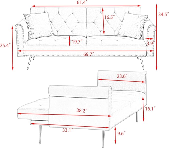 Convertible Futon Sofa Bed  Adjustable Sleeper Couch Modern Velvet Tufted Recliner Reversible Loveseat Folding Daybed Guest Bed Sofacama w/ Nailhead Trim and Golden Metal Legs for Living Room Office