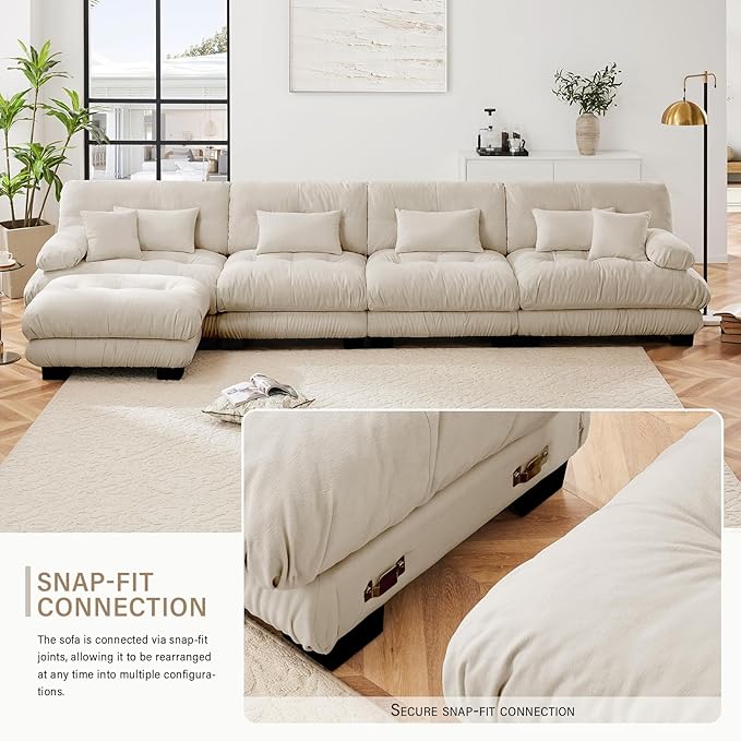 Chenille Sectional Couch-173.3 Inch Oversized 4-Seater Cloud Sofa with Ottoman and Pillow High-Density Sponge Filling Lounge Couches for Living RoomApartment(Light Coffee)