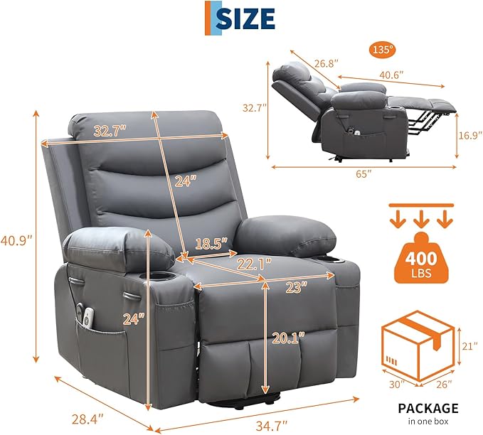 GarveeHome Power Lift Recliner Chair for Elderly Oversized Electric Lift Chair with Heat and Massage PU Leather Adjustable Recliner with Cup Holders &amp Side Pocket for Living Room Gray