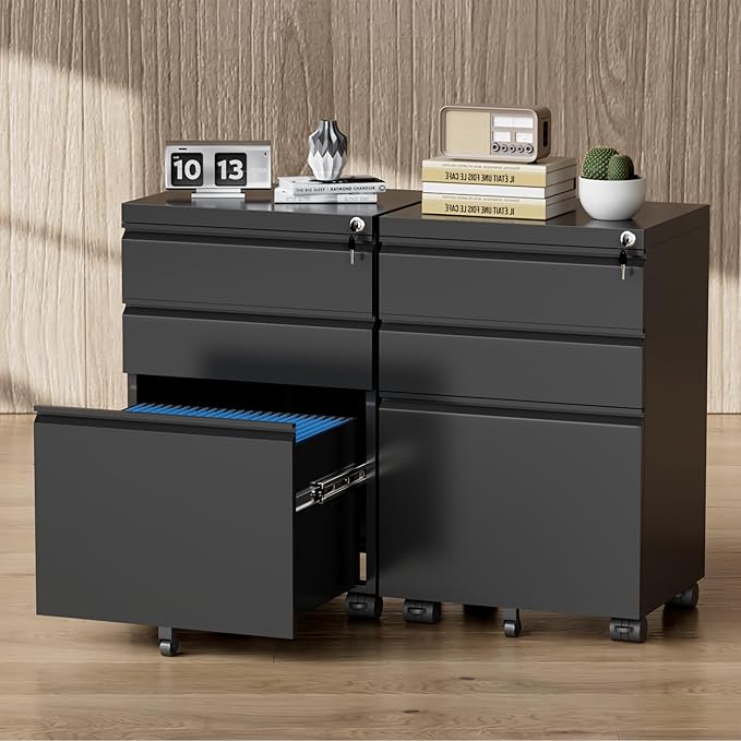 Greenvelly 3 Drawer Mobile File Cabinet with Lock Metal Filing Cabinet on Wheels Under Desk File Cabinet for Home Office Organizer Letter/Legal/A4 File (Assembly Required Black)