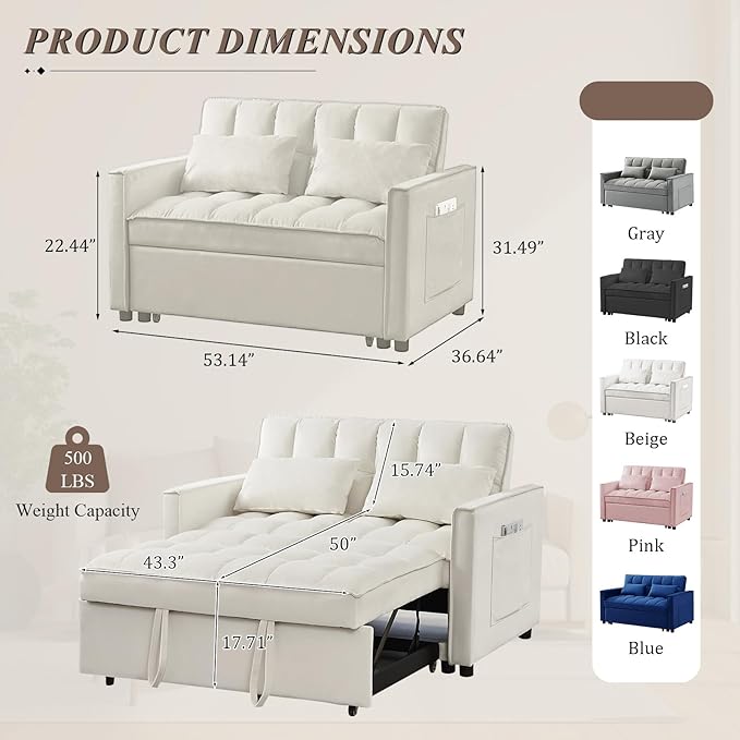 3 in 1 Convertible Sleeper Sofa Bed Futon Couches for Living Room with Side Pocket/Adjustable Backrest Velvet Upholstered Pull Out Couch Small Loveseat Sofa Bed for Bedroom Office Small Spaces