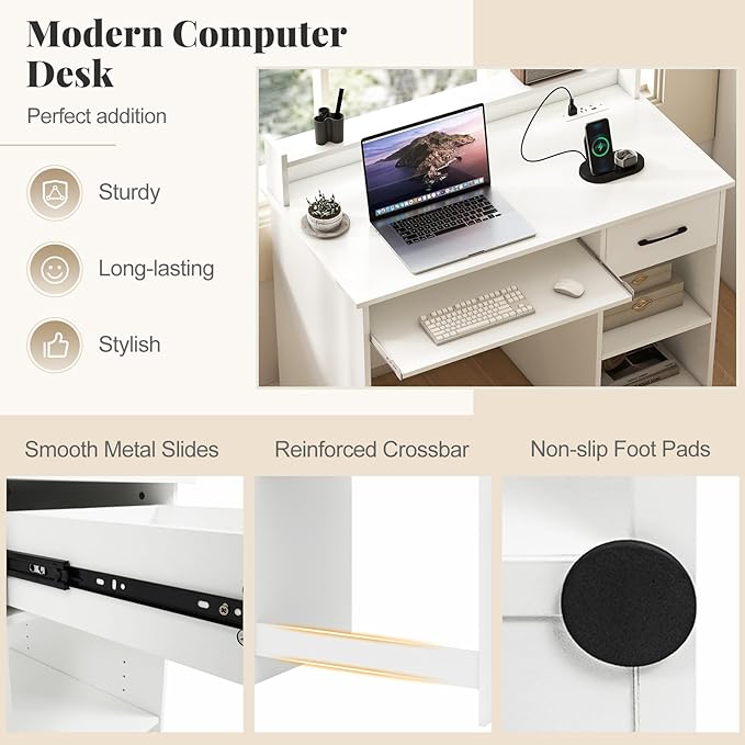 Giantex White Desk with Drawers Modern Home Office Desk with Keyboard Tray Monitor Stand &amp Adjustable Shelf PC Laptop Table Computer Workstation Study Writing Desk for Small Spaces Bedroom