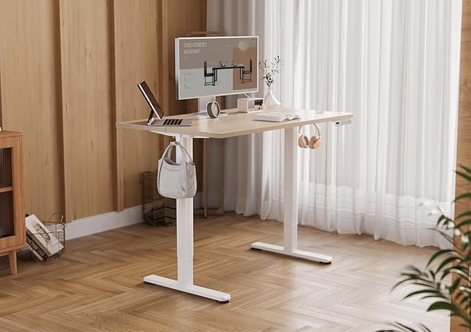 YDN Electric Standing Desk Adjustable Height 40 x 24 Inches Stand up Desk with Cable Management Home Office Desks with Splice Board &amp White Frame Nature Top