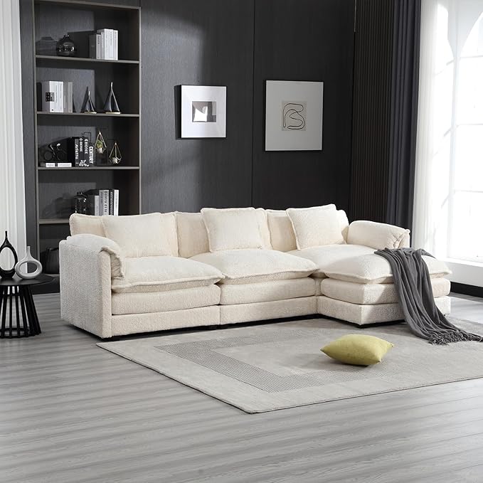 kevinplus 112'' Sectional Sofa Couch with Convertible Ottoman for Living Room Modern Contemporary 3-Seat L-Shape Sofa Couch for Apartment Home Office Thick Cushion &amp Boucle Fabric Beige