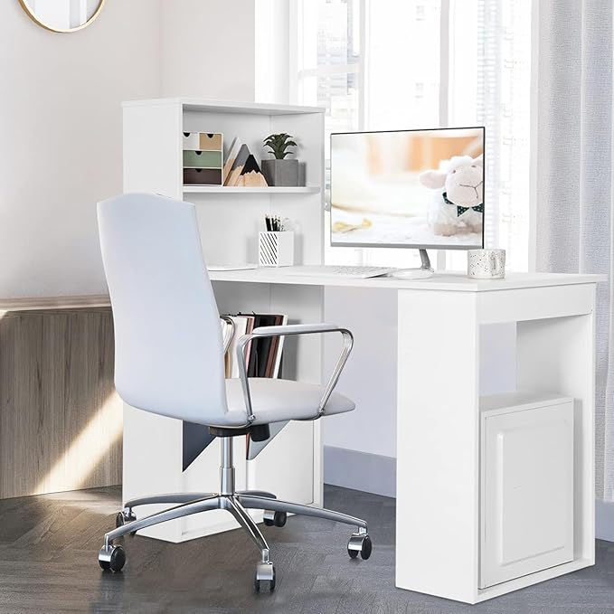 LDAILY Computer Desk with Bookshelf 48” Modern Office Desk w/ 6-Tier Storage Shelves CPU Stand Wider Base 3-in-1 Reversible Study Table Writing Desk for Home Office Bedroom Study Room (White)