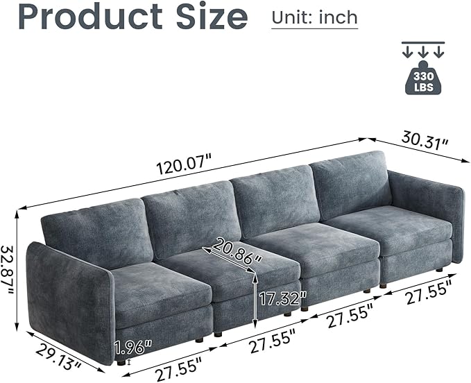 120.07 L Couch 4-Seater Modular Sectional Sofa 4 Seat Comfy Cloud Couch Upholstered Sectional Sofa with Deep Seat for Living Room Apartments Office Blue (No Ottoman)