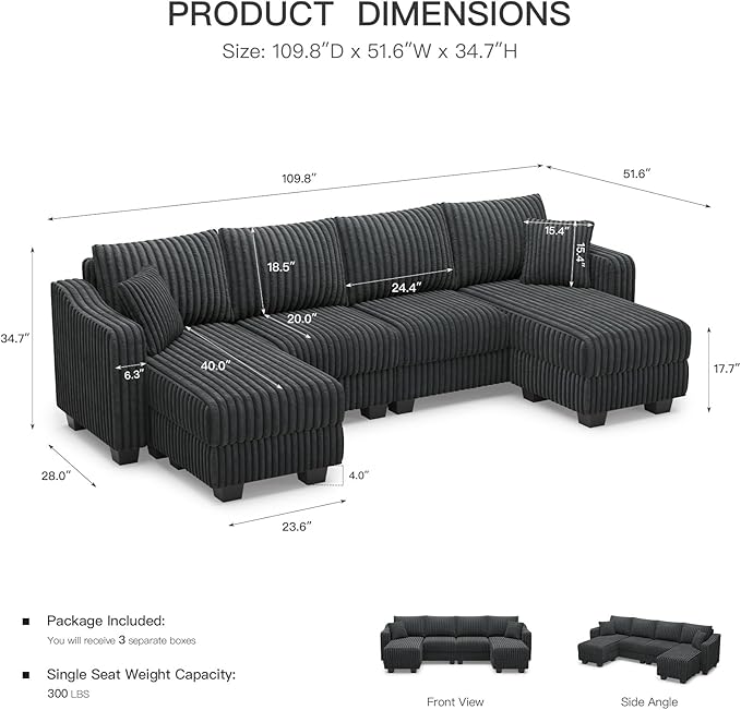Belffin U Shaped Couch with Reversible Chaises Sectional Couches for Living Room Sectional Couch with Ottomans Corduroy (Dark Grey U Shaped)
