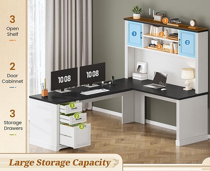 SEDETA Farmhouse L Shaped Desk with Hutch and 3 Drawers 68.9 Executive Office Desk with File Drawer and Power Outlet Corner Computer Desk with Storage Shelves for Home Office White