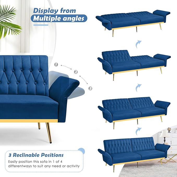 70 Velvet Futon with Adjustable Backrest and Armrests Sofa Bed with Extra Pillows for Waiting Room Living Room and Office Blue