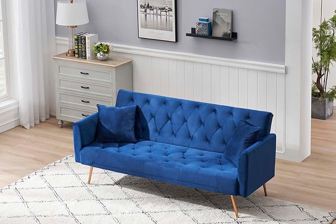71 Convertible Folding Sleeper Sofa CouchModern Velvet Loveseat Sleeper with 2 Pillows Futon Sofa Bed with Mattress and Frame for Living RoomBedroomSmall Space (Blue)