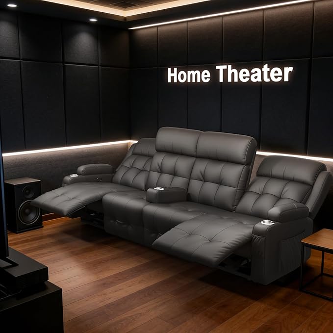 Reclining Couch 113 PU Leather Sofa Recliner with Massage - 4 Seat Home Theater Seating Comfy Soft Manual Wall Hugger Reclining with Lumbar Support Sofa Set for Family Living Room Brown