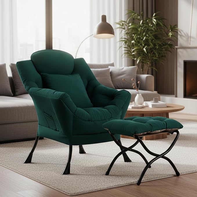 Lazy Chair with Ottoman Large Accent Chair with Ottoman and a Throw Pillow Dark Green Reading Chair for Living Room Bedroom Dorm Room Office Apartment Relaxing Use