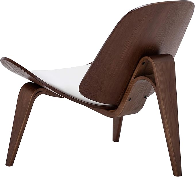 Belleze Mid-Century Modern Shell Side Accent Tripod Plywood Lounge Chair Walnut Upholstered Faux Leather White