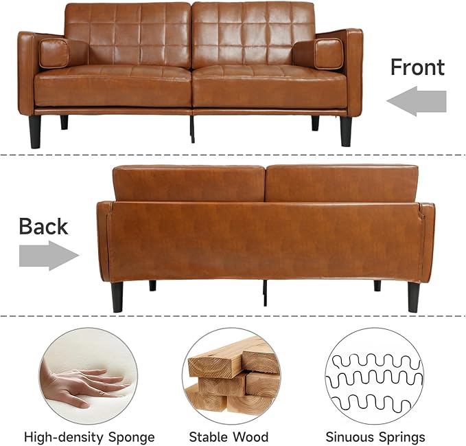 70” Mid-Century Modern Couch Breathable Faux Leather Couch with Upholstered Cushions/Pillows Loveseat Sofas &amp Couches for Living Room (Yellow)