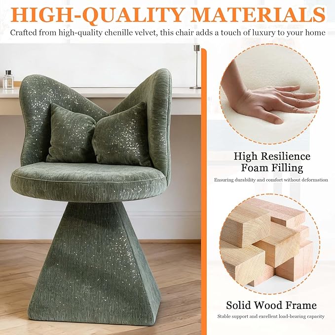 360° Swivel Vanity Chair with Back and PillowChenille Comfy Makeup Chairs for VanityGreen Modern Desk Chair No Wheels for BedroomLiving Room (Green)