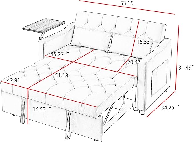 3-in-1 Convertible Sleeper Sofa Bed Pullout Couch with 360° Swivel Side Table Modern Chenille Fabric Easy to Assemble Folding Loveseat Sofa Bed for Living Room &amp Guest Room