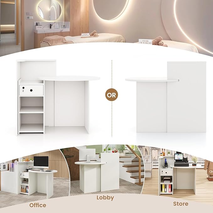 Reception Desk Small Retail Checkout Counter with Lockable Drawer and Open Shelves Wooden Front Desk Reception Counter Oval Desktop &amp L Counter for Store Office Lobby Salon (White)