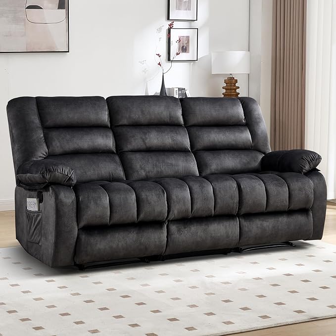 EBELLO Recliner Sofa Flip Middle Backrest Design 3 Seat Recliner Couch Overstuffed Comfortable Armrest Manual Reclining Couch for Living Room Bedroom Furniture Grey (3 Seat Sofa)