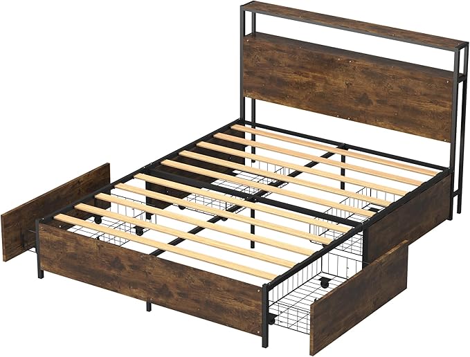 Panana Queen Bed Frame with Storage Headboard Platform Bed with 4 Drawers No Box Spring Needed Easy Assembly Vintage Brown