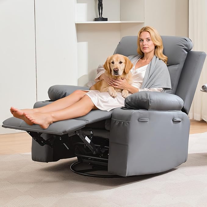 Recliner Chair Nursery Manual Rocking Recliner with 360 Swivel Cup Holder Massage and Heating Compact Single Sofa Chair for Adults Living Room Bedroom