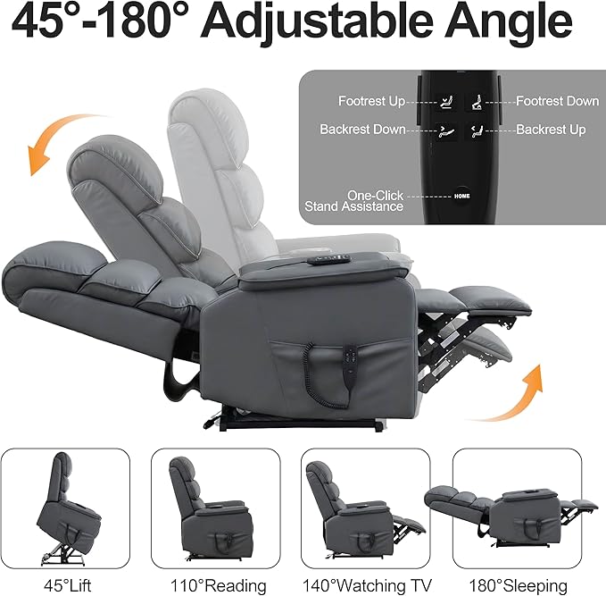 Luxlen Leather Power Lift Recliner Chair for Elderly Dual Motor Lift Chair with Vibration Massage &amp Lumbar Heating Infinite Position Up Recliner with Power-Remote - Faux Leather Gray