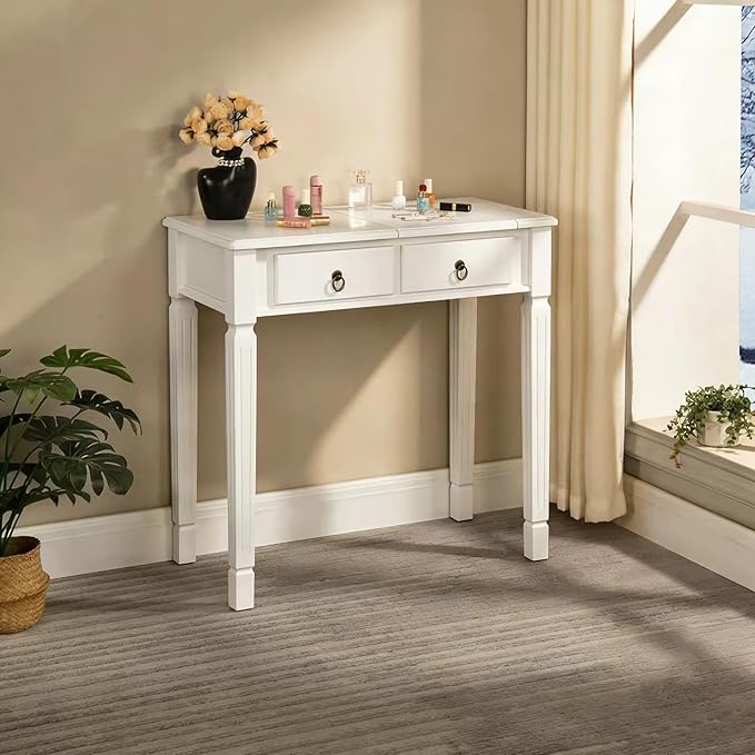 White Makeup Vanity Desk Set with Flip Top Mirror 31.5 Small Vanity Desk with Mirror Dressing Table with 2 Drawers &amp 7 Compartments Makeup Table with Hidden Cushioned Stool for Bedroom Small S