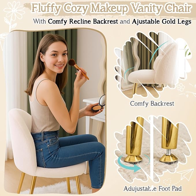 VINGLI Boucle Girls Vanity Chair with Back &amp PillowCute Small Cozy Desk Chair No WheelsComfy Makeup Ch with Ajustable Gold Legsfor BedroomLiving RoomSmall SpaceKhaki