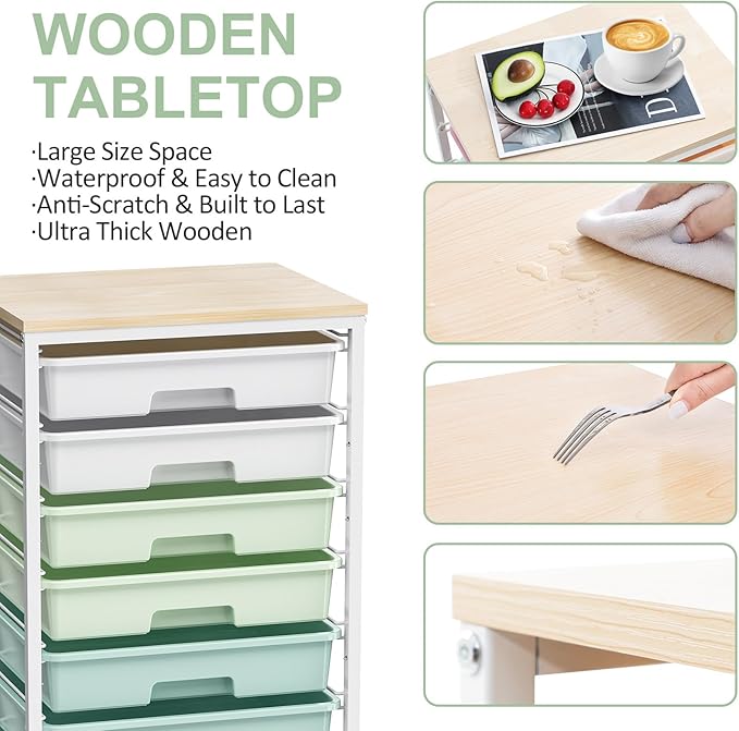 Rolling Storage Utility Cart Organizers with 8 Drawers and Wooden Tabletop for Living RoomOfficeClassroomCraft RoomBedroomDormGreen