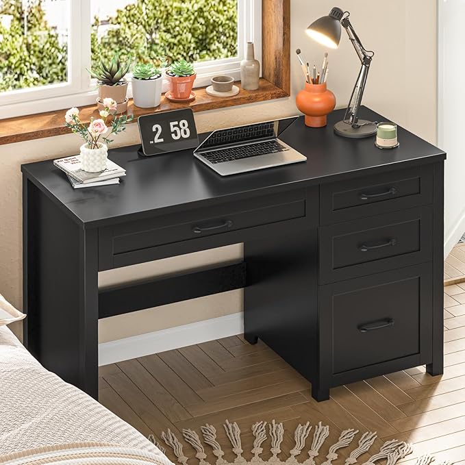 Farmhouse 47 Executive Desk with File Drawer Wood Computer Desk with 3 Storage Drawers Workstation for Home Office Study Writing(Pure Black)