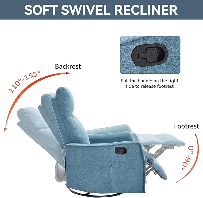 Heat Massage Manual Recliner Chair with Rocker and Swivel in Fabric for Living Room Blue