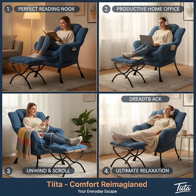 Tiita Lazy Chair with Ottoman Blue Modern Large Accent Chair Comfy Leisure Sofa Armchair with Ottoman Reading Chair with Footrest for Bedroom Living Room Dorm Rooms Blue