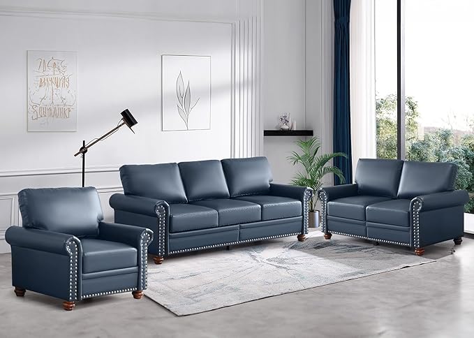 Faux Leather Sofa82 W Mid Century Modern Couch with Storage PlaceOversized 3 Seater Sofa with Nailhead Trim&ampRolled ArmrestsDeep Seat Comfy Couch for Living RoomBedroomApartmentOffice(Navy)