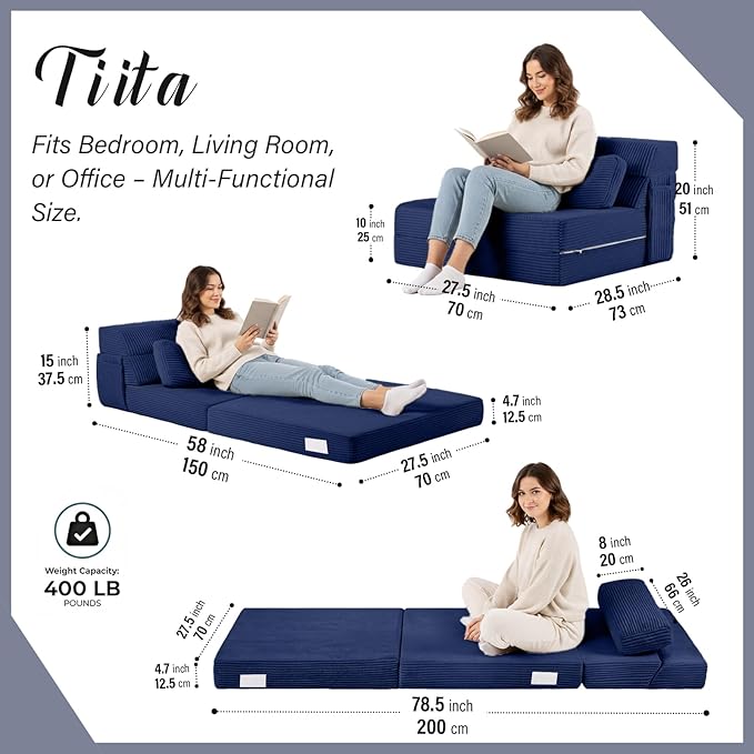 Tiita Folding Sofa Bed with Pillow Memory Foam Fold Out Chair Bed Single Size Convertible Chair Floor Couch &amp Sleeping Mattress Foldable Sleeper Sofa Bed for Guest Room Living Room Navy