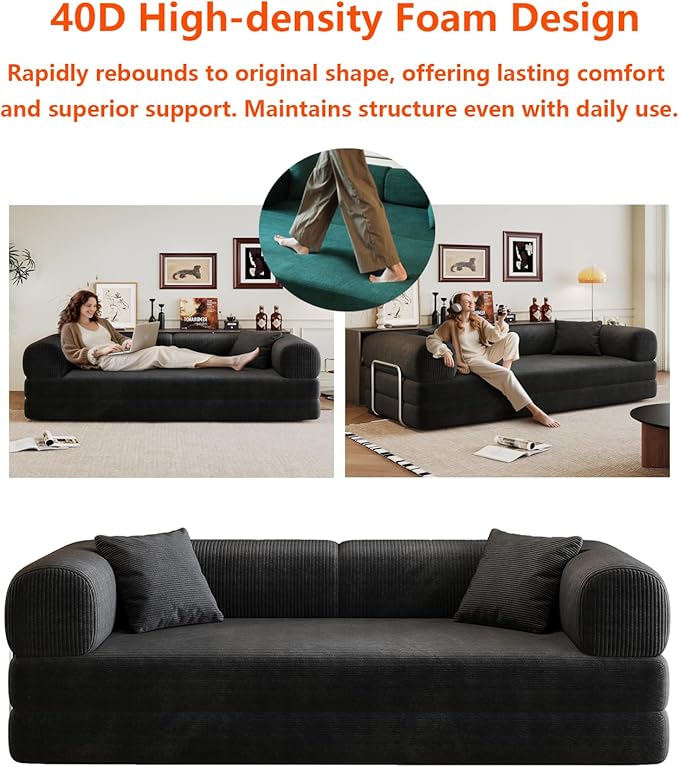 Convertible Sleeper Sofa Bed with Cylindrical Pillow 79 Inch Oversized Corduroy Upholstered Boneless CouchLove Seat Floor Sofas Living RoomSmall Space ApartmentOffice (Black)