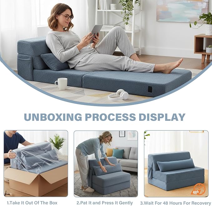 Tiita Convertible Folding Sofa Bed Single Size for Adults with Pillow Plush Fabric Floor Mattress Couch Bed Washable Cover &amp Side Pocket Guest Room Dorm Apartment Living Room Blue Gray