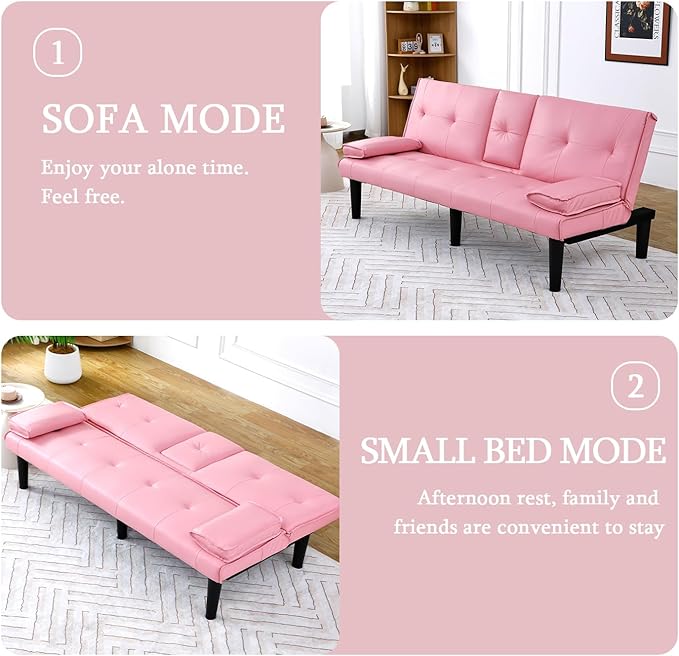 Convertible Folding Futon Sofa Bed Fabric Linen Upholstered Modern Couch Loveseat Sleeper Folding Daybed Guest Bed Removable Armrests 2 Cup Holders Metal Legs (Pink)