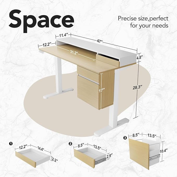 HUANUO Electric Standing Desk with File Cabinet 47 Inch Height Adjustable Desk with Storage Drawers Ergonomic Stand Up Table Compatible with Monitor Stand Light Walnut