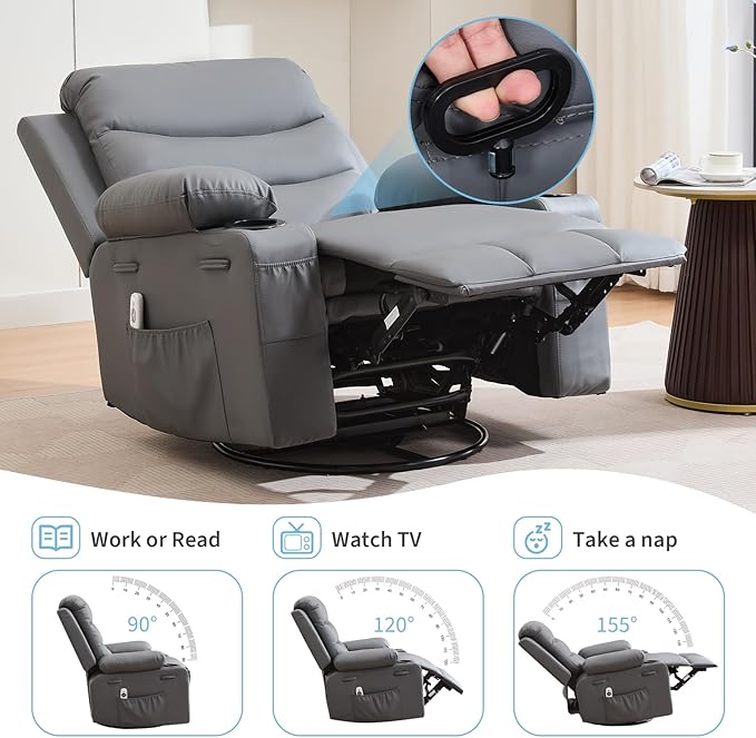 Recliner Chair Nursery Manual Rocking Recliner with 360 Swivel Cup Holder Massage and Heating Compact Single Sofa Chair for Adults Living Room Bedroom
