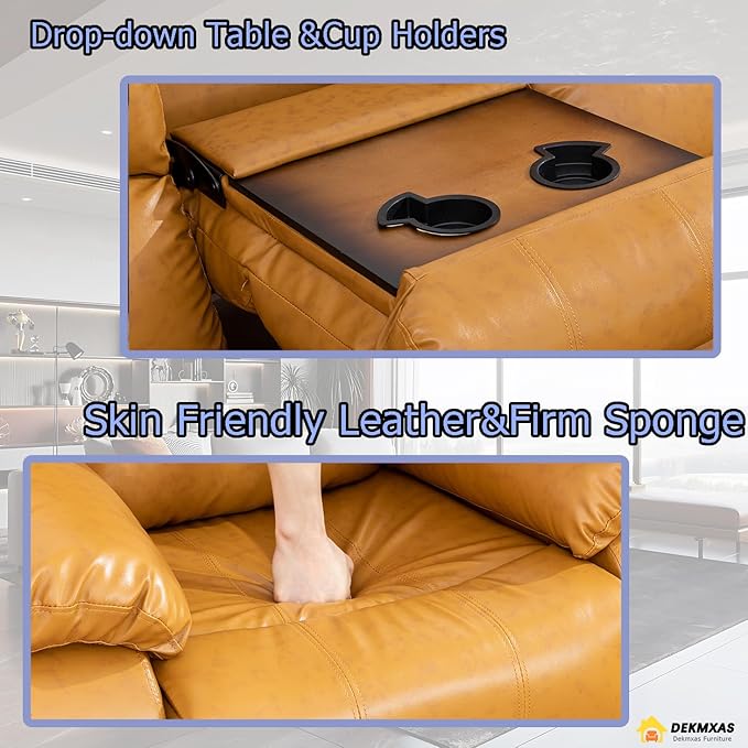 2PCS Reclining Couch Living Room Furniture Sets Manual Recliner Sofa Set Bonded Leather Sofa and Loveseat with Drop-down Table/Cup Holders/Storage Console for Home/Office/Rv Car (GingerSofa+Loveseat)